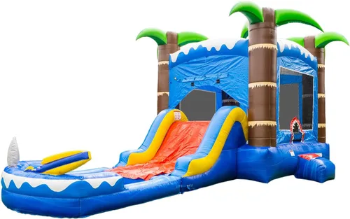 HeroKiddo Casa inflable con tobogán acuático Ocean Shark de 14 x 26 x 15 pies con piscina desmontable, vinilo de PVC de grado comercial 100%,