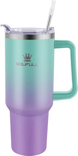 Miniatura 2 de Vaso de 40 onzas con asa y tapa con popote, taza de café de viaje 100% a prueba de fugas, taza aislada de acero inoxidable para bebidas frías