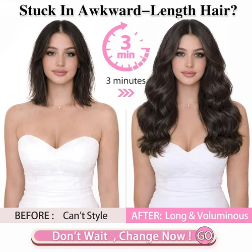 Miniatura 2 de ALXNAN Extensiones de cabello sintético largo y ondulado con clip, de 16 pulgadas, color negro natural, 4 piezas gruesas, fibra de doble trama