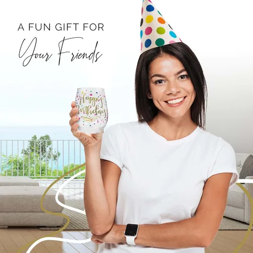 Miniatura 4 de Copa de vino de feliz cumpleaños para mujer, 22 onzas, sin tallo con estampado de confeti dorado, regalo para adultos, tazas de feliz cumpleaños