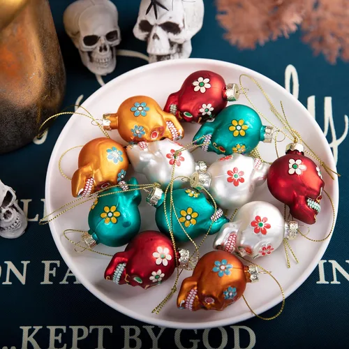 Miniatura 5 de 12 piezas de adornos de vidrio del Día de los Muertos - Adornos de calavera de azúcar del Día de los Muertos - Adorno de cabeza de esqueleto