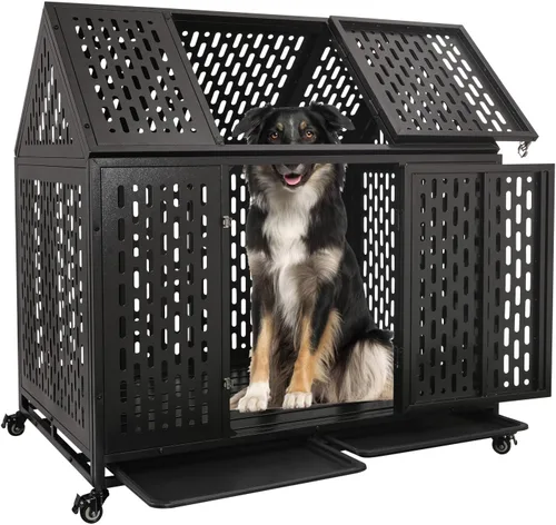 Miniatura 12 de Jaula indestructible para perros de 44 pulgadas, resistente a escapes, con techo puntiagudo para perros grandes y medianos de alta ansiedad, jaula