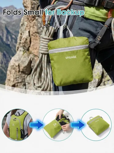 Miniatura 7 de VPBAGE Mochila de senderismo pequeña con soporte frontal para teléfono, mochila plegable con correa de pecho y cintura, Amarillo paja, Pequeño