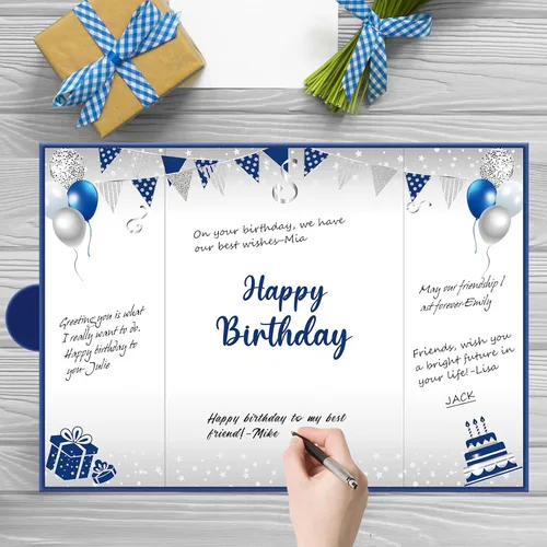 Miniatura 3 de Tarjeta decorativa grande de cumpleaños azul plateado para hombres y niños, libro de firmas, tarjetas gigantes, suministros de fiesta, libro