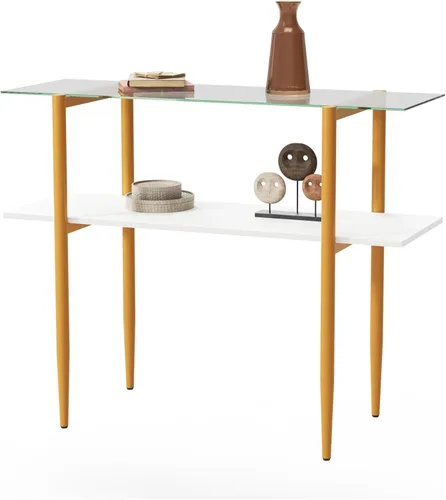 Miniatura 9 de Furnify Mesa de sofá de vidrio, mesa de entrada de estilo moderno de mediados de siglo con vidrio templado y patas doradas, mesa de 2 niveles detrás