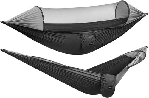 Miniatura 9 de G4Free Hamaca Grande para Acampar con Mosquitero para 2 Personas Pop-up Paracaídas Ligera Hamacas Colgantes Correas para Árboles Cama Columpio