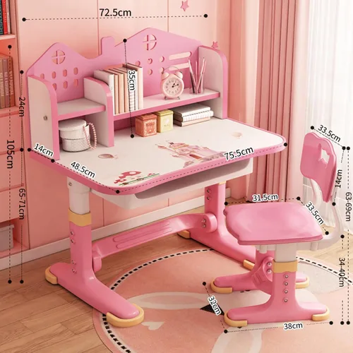 Miniatura 2 de Juego de escritorio y silla para niños, escritorio infantil de altura ajustable con cajones de almacenamiento y estantería, mesa ergonómica para Rosa