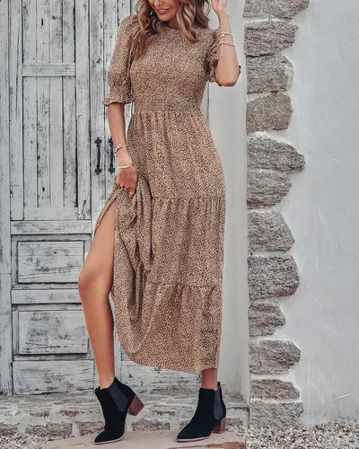 Miniatura 172 de BTFBM Vestidos para mujer, cuello redondo, casual, de verano, con volantes, manga corta, bohemio, con niveles, fruncido, largo, con estampado floral