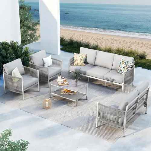 Miniatura 25 de Juego de muebles de aluminio para patio al aire libre con mesa de centro de doble capa, juegos de conversación de patio modernos de 4 piezas