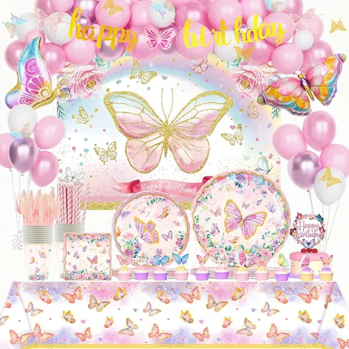 Hombae Decoraciones de cumpleaños de mariposas, decoraciones de fiesta de mariposa rosa, suministros de cumpleaños de flores, juego de vajilla de