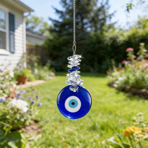 Adorno colgante de ojo maligno azul de 4.5 pulgadas con cuentas de cristal - Amuleto de buena suerte, decoración para el hogar, oficina, coche,