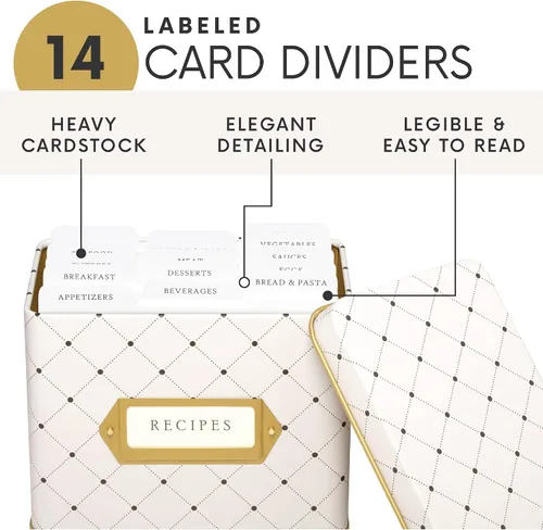 Miniatura 5 de Jot & Mark Caja de regalo para tarjetas de recetas, 50 tarjetas de 4 x 6 pulgadas, 14 divisores, caja de lata decorativa, patrón floral