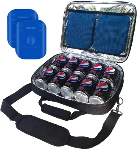 Miniatura 8 de Red Suricata Hielera delgada aislada, ultrafina, plana, pequeña bolsa de almuerzo para 10 latas de bebidas, 2 paquetes de hielo reutilizables Negro