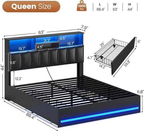 Miniatura 2 de AOGLLATI Estructura de cama Queen con elegante cabecero tipo estantería y estación de carga y luces LED, estructura de cama tamaño Queen con 4 Negro