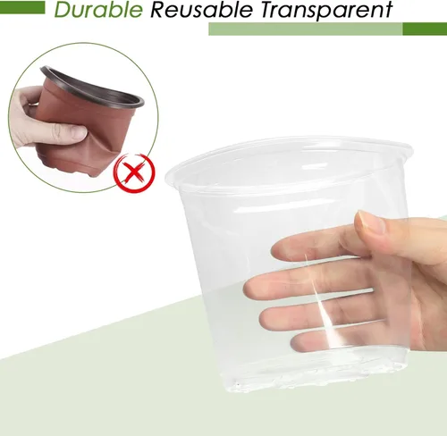 Miniatura 5 de FUIJOL Macetas transparentes de 4 pulgadas para plantas con platillos, paquete de 15, macetas de plástico con agujeros de drenaje, paquete variado