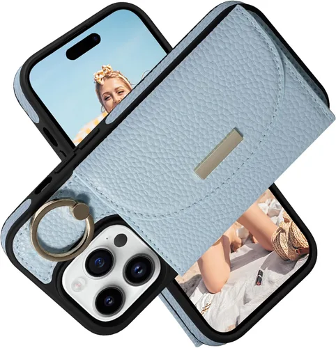 Miniatura 11 de Funda tipo cartera para iPhone 15 Pro de 6.1'', funda plegable con ranuras para tarjetas, soporte con anillo y atril, cubierta protectora tipo folio