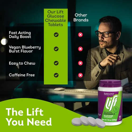 Miniatura 5 de Lift Glucosa, tabletas energéticas masticables de glucosa de acción rápida, arándano, tarro de 50 unidades (paquete de 1)