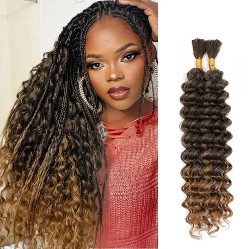 Miniatura 34 de Mezcla de cabello humano trenzado sintético bohemio para trenzar, 16 pulgadas de onda profunda a granel para trenzas bohemias, 2 piezas de cabello 1b