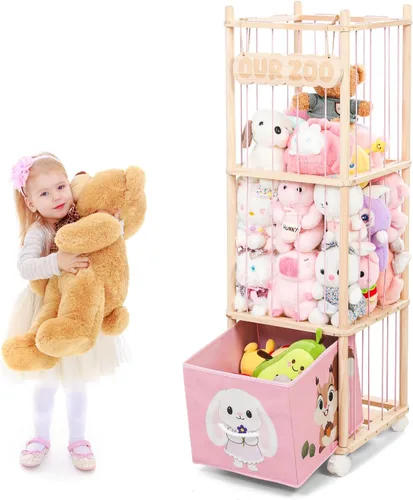 Miniatura 8 de Almacenamiento de animales de peluche con contenedores de tela extraíbles y ruedas de bloqueo, organizador de juguetes de madera 2 en 1 y estante