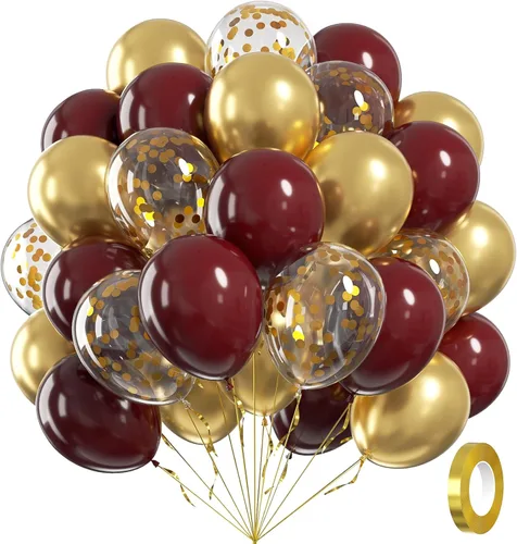 60 globos burdeos y dorados de 12 pulgadas, globos color granate y dorado con globos de confeti dorado metálico para decoraciones de graduación,