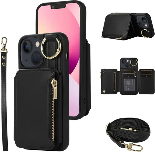 Miniatura 14 de UEEBAI Funda tipo cartera cruzada para iPhone 13 Pro Max de 6.7 pulgadas, tarjetero con función atril y bloqueo RFID, funda de piel sintética