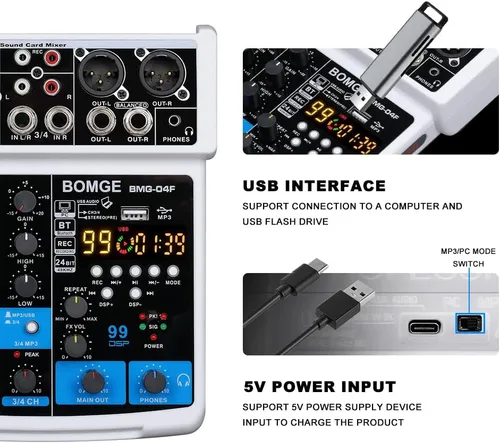 Miniatura 6 de BOMGE Consola Mezcladora de Audio Profesional de 4 Canales, Consola de Mezcla de Sonido con USB, Bluetooth, Grabación Estéreo, Alimentación Fantasma