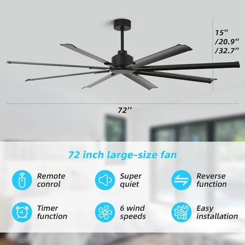 Miniatura 2 de Ventilador de techo de 72 pulgadas sin luz con control remoto, motor silencioso de CC reversible de 8 aspas, 6 velocidades, temporizador, negro
