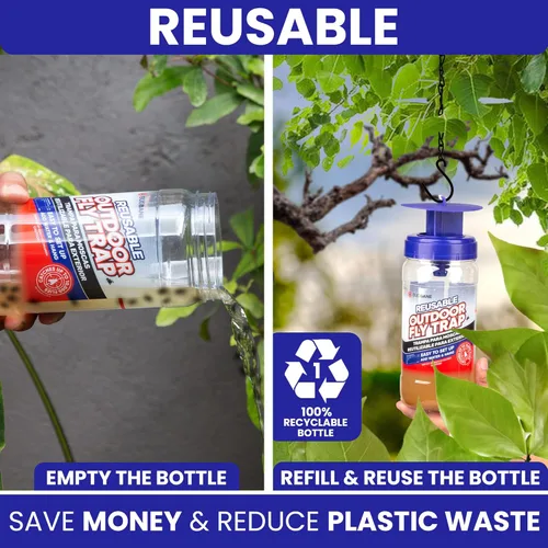 Miniatura 5 de Trampa para moscas para exteriores para patio con 2 recambios de cebo solubles no tóxicos. Reutilizable para colgar insectos para todas las moscas