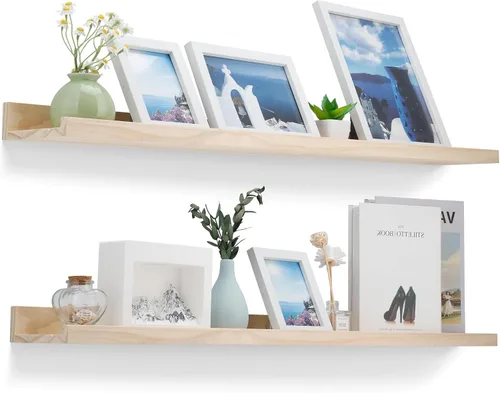 Miniatura 17 de MBYD Estantes flotantes de 36 pulgadas negros, estantes colgantes de madera, estante de repisa para fotos, estantes de repisa para fotos para pared