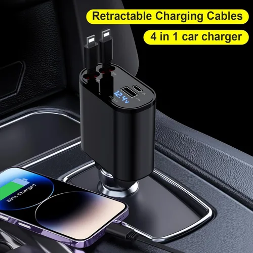Miniatura 4 de Cargador de coche de carga rápida de 60W para iPhone, cargador de teléfono retráctil 4 en 1, artículos de viaje esenciales, regalos para mujeres