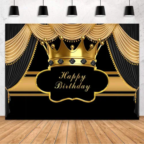 MEHOFOND Telón de Fondo Real Negro y Dorado para Fiesta de Cumpleaños de Decoración para Hombre, Niño, Príncipe, Telón de Fondo de Corona Dorada,