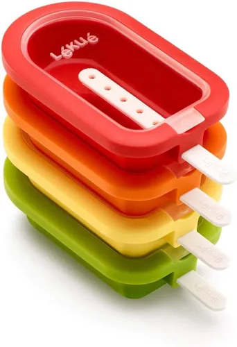 Lékué - Juego de 4 moldes grandes apilables para paletas + palos y tapas, paletas de hielo caseras y aperitivos congelados, silicona de platino