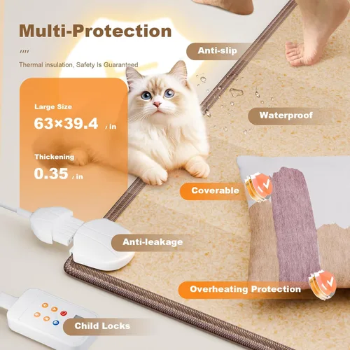 Miniatura 6 de Tapete calefactable de 39 x 78.7 pulgadas, impermeable, con temporizador, calentamiento rápido, calentador debajo de la alfombra para el hogar