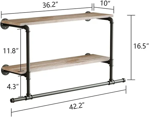 Miniatura 3 de Perchero Industrial de Tubería con Estante de Madera, Perchero de Ropa Montado en la Pared de 42 Pulgadas con Barra Colgante para la Lavandería
