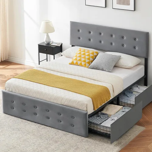 Miniatura 8 de Alkmaar Base de cama tapizada de terciopelo tamaño matrimonial con 4 cajones de almacenamiento y cabecero, base de colchón con botones cosidos