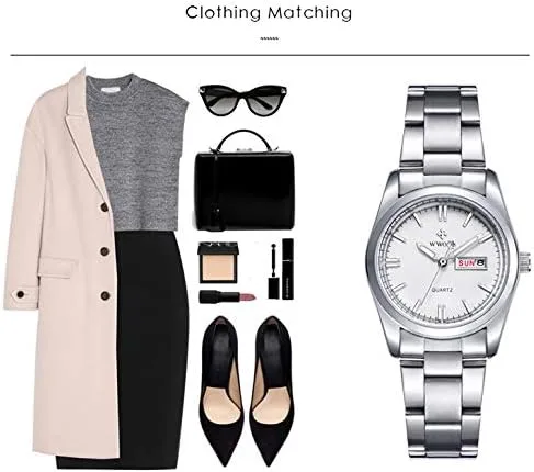 Miniatura 3 de MASTOP Reloj clásico de moda para mujer, resistente al agua, acero inoxidable, redondo, fecha, analógico, cuarzo, vestido, Blanco, Movimiento