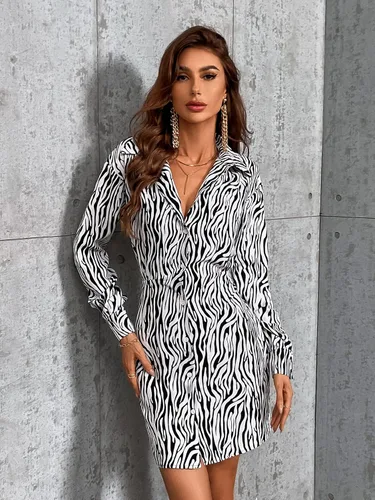 Miniatura 6 de WDIRARA Mini vestido tipo camisa de manga larga con cuello y abertura para mujer con estampado de cebra