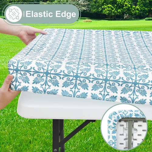 Miniatura 2 de Misaya - Mantel de vinilo rectangular, mantel elástico con respaldo de franela, 100% impermeable, cubierta de plástico para mesas plegables de 4