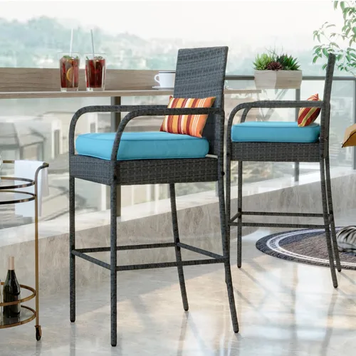 Miniatura 2 de Sundale Outdoor Juego de 2 taburetes de bar, 2 taburetes de mimbre de ratán, sillas de bar para patio con brazos, cojín azul, muebles de mimbre
