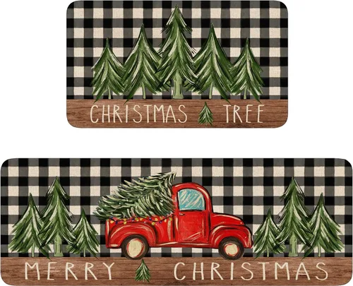 Juego de 2 alfombras de cocina de Navidad, alfombra de cocina roja con diseño de camión y árbol de Navidad para el suelo, alfombra antideslizante
