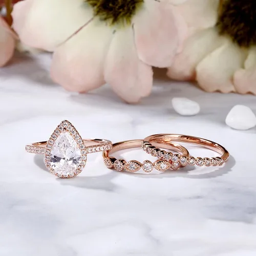 Miniatura 4 de Jeulia Juego de anillos de boda en forma de pera 3 piezas de plata de ley con corte de pera de halo de diamantes de oro rosa, anillo de boda