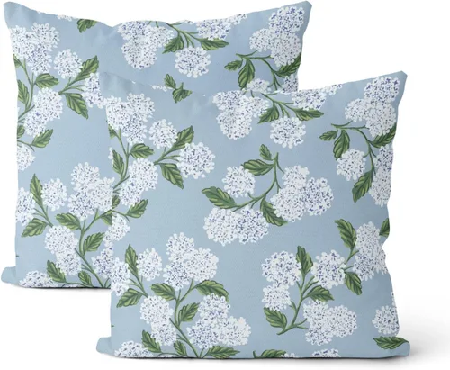 Juego de 2 fundas de almohada florales de hortensias de 16 x 16 pulgadas, fundas de almohada de verano color azul salvia verde floral, fundas de