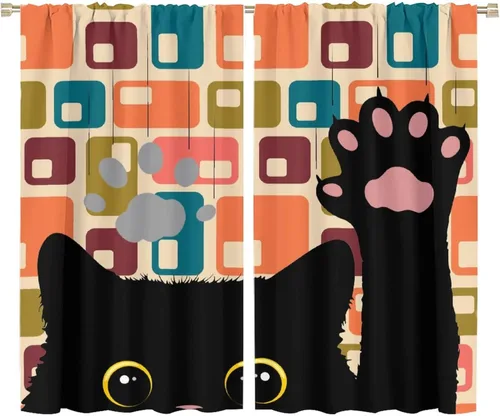 Miniatura 47 de Cortinas de estilo de mediados de siglo, diseño geométrico abstracto moderno, diseño retro, estampado de gato negro, para dormitorio, sala de estar