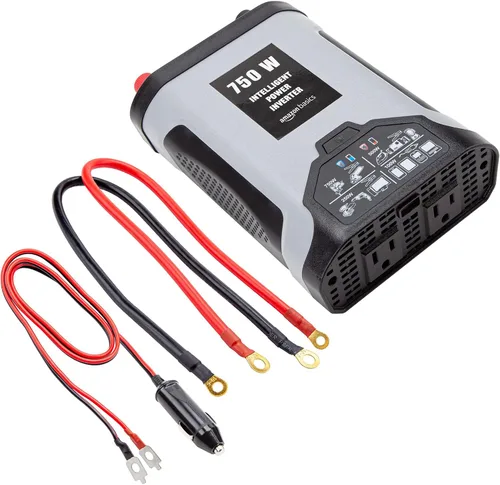 Amazon Basics Inversor de corriente para automóvil de 750 W, 12 V a 110 V para vehículos, gris, 8.34 x 5.2 x 2.2 pulgadas