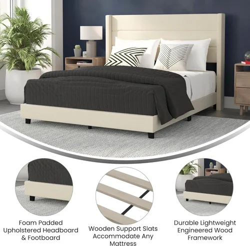 Miniatura 5 de Merrick Lane Percy - Cama de plataforma moderna, lino sintético beige, tamaño Queen, cabecero acolchado con respaldo con alas cosidas de canal