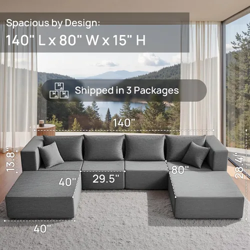 Miniatura 3 de YINIX Sofá cama modular de pana de 140 pulgadas, cómodo sofá de nube para sala de estar, sofá de piso de 6 piezas, combinación de compresión libre