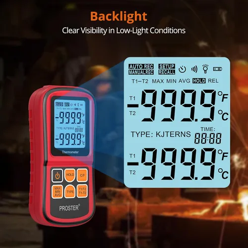 Miniatura 3 de Proster tester medidor de temperatura con retroiluminación LCD de dos canales con termómetro y termopar digital para clase K/J/T/E/R/S/N, con dos