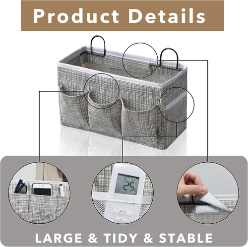 Miniatura 5 de Kanrichu 2 piezas, bolsa organizadora grande de 3 bolsillos para colgar en la pared, con tela de lino, cestas de almacenamiento para colgar