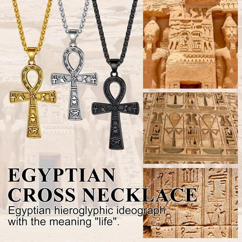 Miniatura 2 de Collar con colgante de cruz de Ankh chapado en acero inoxidable, oro y negro, para hombres y mujeres, con cadena de trigo, joyería religiosa