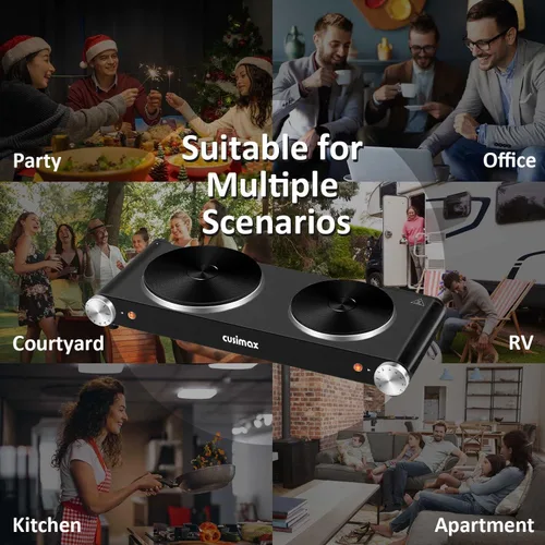 Miniatura 7 de Cusimax - Placa de cocción eléctrica de 1800 W, estufa eléctrica portátil para cocinar, hornalla doble, con control de temperatura ajustable